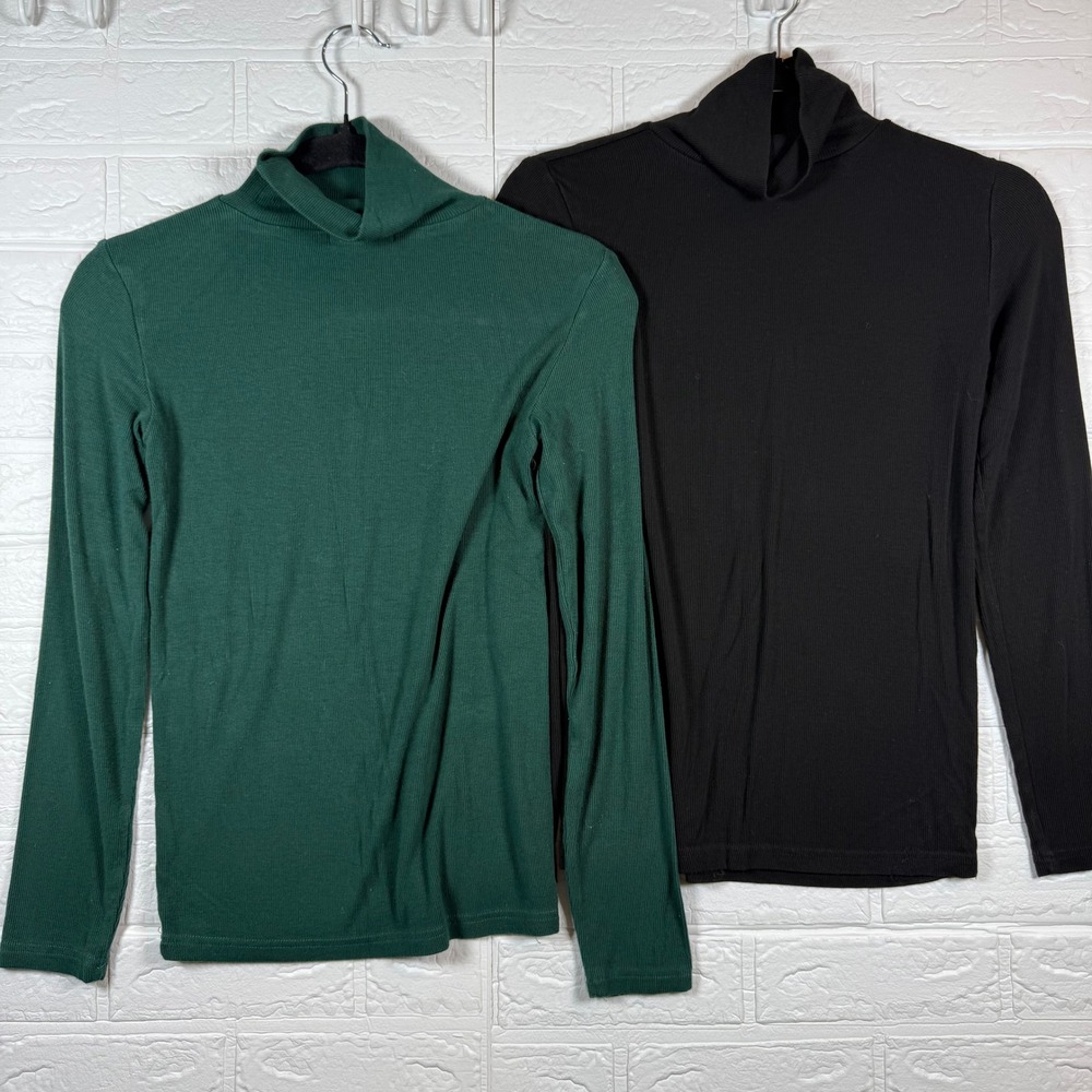 Arshiner Turtleneck Top Kids Size 150 Green Black Ribbed Knit Long Sleeve 2 Pack